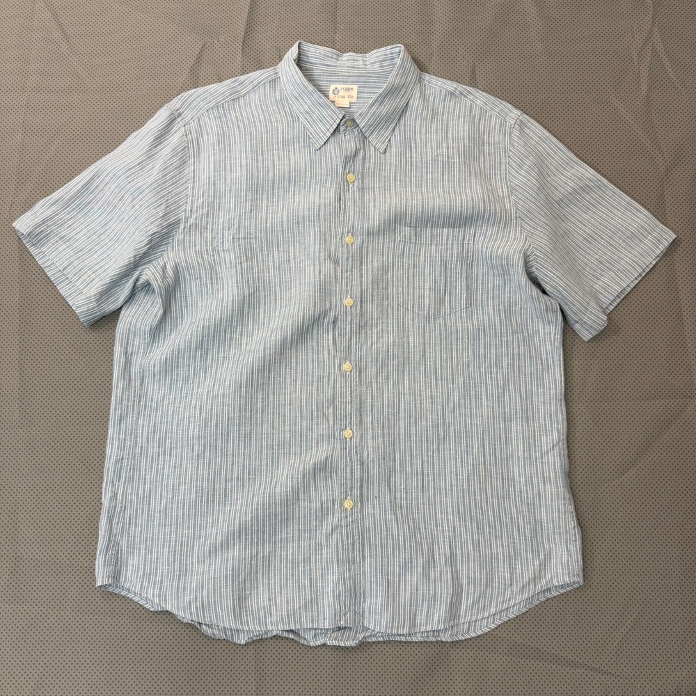 J.Crew Shirt Men XL Blue Striped Linen Short Sleeve Y2K Casual 84270
